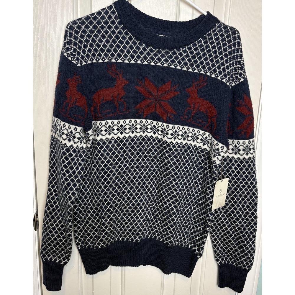 Aspen Men's Sweater Crewneck, Knit Size Small Deer Snowflake Fair Isle